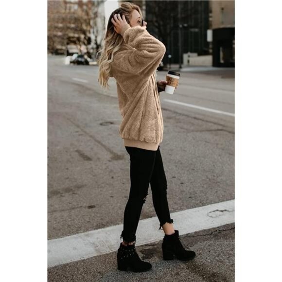 Womens Oversized Sherpa Pullover Hoodie with Pockets Fuzzy Fleece Sweatshirt - Picture 4 of 6